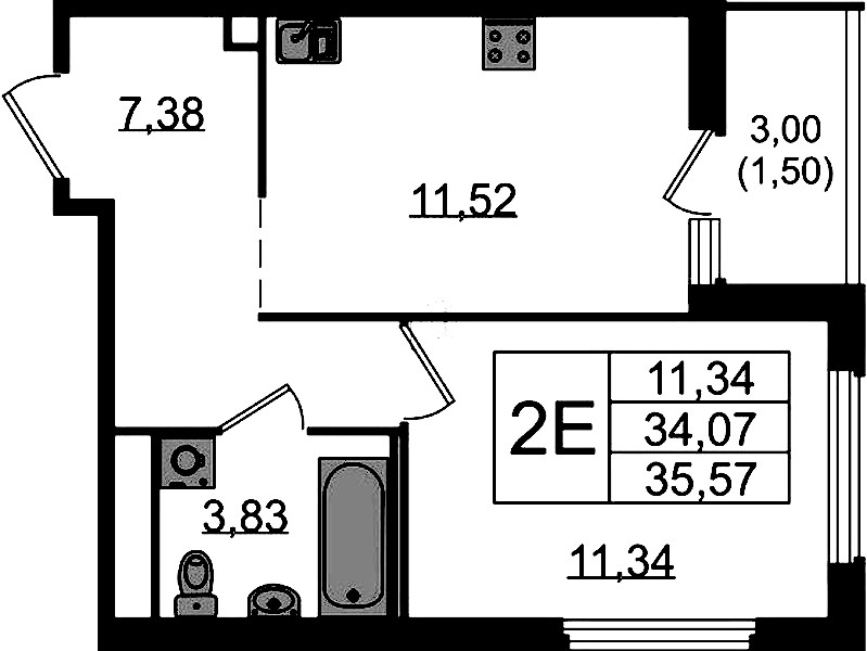 1-комнатная квартира 35.57 м², 2/15 эт., ЖК «GloraX Парголово»